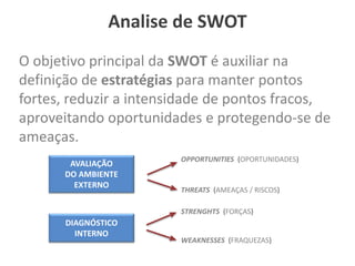 DIAGNÓSTICO
INTERNO
STRENGHTS (FORÇAS)
WEAKNESSES (FRAQUEZAS)
AVALIAÇÃO
DO AMBIENTE
EXTERNO
OPPORTUNITIES (OPORTUNIDADES)
THREATS (AMEAÇAS / RISCOS)
O objetivo principal da SWOT é auxiliar na
definição de estratégias para manter pontos
fortes, reduzir a intensidade de pontos fracos,
aproveitando oportunidades e protegendo-se de
ameaças.
Analise de SWOT
 