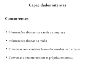 Capacidades internas
Concorrentes
• Informações abertas nos canais da empresa
• Informaçõesabertas na mídia
• Conversas com contatos bem relacionados no mercado
• Conversas diretamentecom as próprias empresas
 