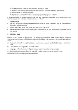 11
      e) Conforto Ambiental: insolação, poluição (sonora, atmosférica, visual);
      f) Identificação do sistema construtivo e de aspectos relevantes (estruturais, vedações, acabamentos);
      g) Funcionalidade dos espaços projetados;
      h) Opiniões dos usuários e funcionários sobre a adequação/inadequação dos ambientes.
A turma será dividida em dupla de alunos, ficando cada uma responsável pela análise de um ou mais itens acima
discriminados, a ser(em) definido(s), conjuntamente, com o professor.
     Visita individual
     Selecionar um projeto de arquitetura paradigmático de escola de ensino fundamental, seja de responsabilidade
     Municipal ou da iniciativa privada;
     Justificar sua escolha, identificando os principais aspectos que a nortearam;
     Proceder à análise crítica do projeto arquitetônico, considerando-se os itens anteriormente apresentados para a
     visita coletiva.

3.    PRODUTO FINAL

Observação crítica sobre as escolas visitadas, a ser apresentada em seminário interno da turma. Apenas no caso da
visita coletiva a apresentação será dividida por assunto(s) / item(s) que serão analisados e apresentados por duplas de
alunos.
a) Pranchas no formato A2 em papel manteiga com fundo em base branca, ou papel sulfite branco com o carimbo da
   turma;
b) Serão utilizadas até duas pranchas, por escola visitada;
c) A linguagem gráfica é livre, mas é indispensável o uso da cor nos desenhos de representação;
d) Quando couber a setorização, deverá ser respeitado o padrão de cores definido no exercício anterior.
As fotos e desenhos deverão ser numerados e legendados.
 