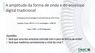 A amplitude da forma de onda e do envelope
digital tradicional
A frequência de amostragem é normalmente de 2,56 X Fmax
Exemplo: Fmax= 500 Hz >>>> F amostragem = 1280 HZ
1 seg. / 1280 = 0,78 milisegundos
Questões
• Será que uma das amostras coincide com o pico da forma de onda?
• Será que medimos corretamente o nível do sinal ?
 