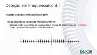 Envelope tradicional é menos eficiente com:
máquinas de baixa velocidade (menos de 30 RPM)
• Solução: medir ressonância da máquina (azul) em vez do sinal de impacto (vermelho)
Custo: perde-se informação do nível de impactos
Deteção em Frequência(cont.)
 