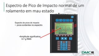 Espectro de Pico de Impacto normal de um
rolamento em mau estado
Espectro de picos de impacto
• picos evidentes no espectro
•Amplitude significativa
0.7 g RMS
 