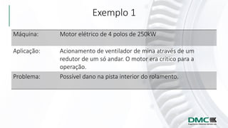 Exemplo 1
Máquina: Motor elétrico de 4 polos de 250kW
Aplicação: Acionamento de ventilador de mina através de um
redutor de um só andar. O motor era critico para a
operação.
Problema: Possível dano na pista interior do rolamento.
 