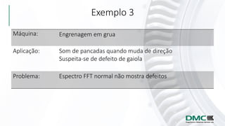 Exemplo 3
Máquina: Engrenagem em grua
Aplicação: Som de pancadas quando muda de direção
Suspeita-se de defeito de gaiola
Problema: Espectro FFT normal não mostra defeitos
 