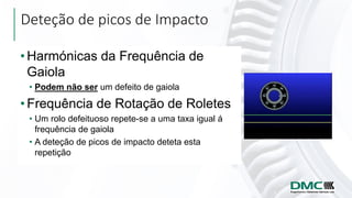 Deteção de picos de Impacto
• Harmónicas da Frequência de
Gaiola
• Podem não ser um defeito de gaiola
• Frequência de Rotação de Roletes
• Um rolo defeituoso repete-se a uma taxa igual á
frequência de gaiola
• A deteção de picos de impacto deteta esta
repetição
 