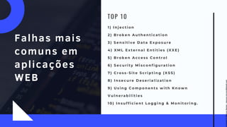 Falhas mais
comuns em
aplicações
WEB
1 ) I n j e c t i o n
2 ) B r o k e n A u t h e n t i c a t i o n
3 ) S e n s i t i v e D a t a E x p o s u r e
4 ) X M L E x t e r n a l E n t i t i e s ( X X E )
5 ) B r o k e n A c c e s s C o n t r o l
6 ) S e c u r i t y M i s c o n f i g u r a t i o n
7 ) C r o s s - S i t e S c r i p t i n g ( X S S )
8 ) I n s e c u r e D e s e r i a l i z a t i o n
9 ) U s i n g C o m p o n e n t s w i t h K n o w n
V u l n e r a b i l i t i e s
1 0 ) I n s u f f i c i e n t L o g g i n g & M o n i t o r i n g .
TOP 10
Licensed
to
Marcus
Santos
-
marcus.vini.gyn@gmail.com
 