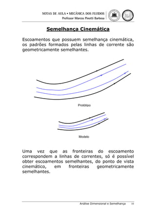 Semelhança Cinemática
Escoamentos que possuem semelhança cinemática,
os padrões formados pelas linhas de corrente são
geometricamente semelhantes.

Protótipo

Modelo

Uma vez que as fronteiras do escoamento
correspondem a linhas de correntes, só é possível
obter escoamentos semelhantes, do ponto de vista
cinemático,
em
fronteiras
geometricamente
semelhantes.

Análise Dimensional e Semelhança

10

 