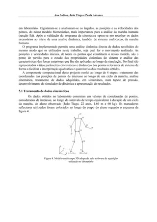 Ana Sabino, João Tiago e Paula Antunes




em laboratório. Registaram-se e analisaram-se os ângulos, as posições e as velocidades dos
pontos, do nosso modelo biomecânico, mais importantes para a análise da marcha humana
(secção lkj). Após a validação do programa de cinemática optou-se por recolher os dados
necessários ao início de uma análise dinâmica, também de sistema multicorpo, da marcha
humana.
   O programa implementado permite uma análise dinâmica directa de dados recolhidos do
mesmo modo que os utilizados neste trabalho, seja qual for o movimento realizado. As
posições e velocidades iniciais, de todos os pontos que constituem o nosso modelo, são o
ponto de partida para o estudo das propriedades dinâmicas do sistema e análise das
características das forças exteriores que lhe são aplicadas ao longo da simulação. No final são
representados vários parâmetros cinemáticos e dinâmicos dos pontos relevantes do sistema de
forma a facilitar a interpretação qualitativa e quantitativa dos resultados obtidos.
   A componente computacional deste projecto evolui ao longo de 4 etapas: tratamento das
coordenadas das posições de pontos de interesse ao longo de um ciclo da marcha, análise
cinemática, tratamento de dados adquiridos, em simultâneo, num tapete de pressão,
desenvolvimento do simulador de dinâmica e apresentação de resultados.

5.1 Tratamento de dados cinemáticos
        Os dados obtidos no laboratório consistem em valores de coordenadas de pontos,
considerados de interesse, ao longo do intervalo de tempo equivalente à duração de um ciclo
da marcha, do aluno observado (João Tiago, 22 anos, 1.69 m e 60 kg). Os marcadores
reflectores utilizados foram colocados ao longo do corpo do aluno segundo o esquema da
figura 4.




                    Figura 4. Modelo multicorpo 3D adoptado pelo software de aquisição
                                          utilizado no laboratório
 