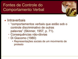 Fontes de Controle do
Comportamento Verbal
▪ Intraverbais
• “comportamentos verbais que estão sob o
controle discriminativo de outras
palavras” (Skinner, 1957, p. 71).
• Consequências não-óbvias
• Di Giacomo (1980)
• Representações sociais de um movimento de
protesto
 