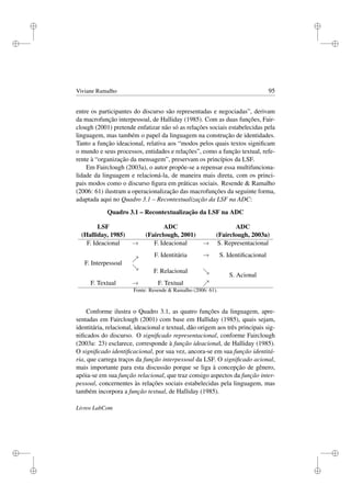 i
i
i
i
i
i
i
i
Viviane Ramalho 95
entre os participantes do discurso são representadas e negociadas”, derivam
da macrofunção interpessoal, de Halliday (1985). Com as duas funções, Fair-
clough (2001) pretende enfatizar não só as relações sociais estabelecidas pela
linguagem, mas também o papel da linguagem na construção de identidades.
Tanto a função ideacional, relativa aos “modos pelos quais textos signiﬁcam
o mundo e seus processos, entidades e relações”, como a função textual, refe-
rente à “organização da mensagem”, preservam os princípios da LSF.
Em Fairclough (2003a), o autor propõe-se a repensar essa multifunciona-
lidade da linguagem e relacioná-la, de maneira mais direta, com os princi-
pais modos como o discurso ﬁgura em práticas sociais. Resende  Ramalho
(2006: 61) ilustram a operacionalização das macrofunções da seguinte forma,
adaptada aqui no Quadro 3.1 – Recontextualização da LSF na ADC:
Quadro 3.1 – Recontextualização da LSF na ADC
LSF ADC ADC
(Halliday, 1985) (Fairclough, 2001) (Fairclough, 2003a)
F. Ideacional → F. Ideacional → S. Representacional
F. Identitária → S. Identiﬁcacional
F. Interpessoal
F. Relacional
S. Acional
F. Textual → F. Textual
Fonte: Resende  Ramalho (2006: 61).
Conforme ilustra o Quadro 3.1, as quatro funções da linguagem, apre-
sentadas em Fairclough (2001) com base em Halliday (1985), quais sejam,
identitária, relacional, ideacional e textual, dão origem aos três principais sig-
niﬁcados do discurso. O signiﬁcado representacional, conforme Fairclough
(2003a: 23) esclarece, corresponde à função ideacional, de Halliday (1985).
O signiﬁcado identiﬁcacional, por sua vez, ancora-se em sua função identitá-
ria, que carrega traços da função interpessoal da LSF. O signiﬁcado acional,
mais importante para esta discussão porque se liga à concepção de gênero,
apóia-se em sua função relacional, que traz consigo aspectos da função inter-
pessoal, concernentes às relações sociais estabelecidas pela linguagem, mas
também incorpora a função textual, de Halliday (1985).
Livros LabCom
 