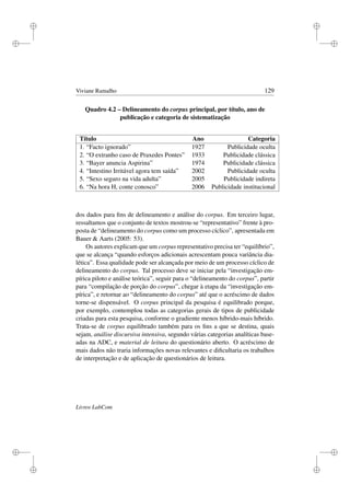 i
i
i
i
i
i
i
i
Viviane Ramalho 129
Quadro 4.2 – Delineamento do corpus principal, por título, ano de
publicação e categoria de sistematização
Título Ano Categoria
1. “Facto ignorado” 1927 Publicidade oculta
2. “O extranho caso de Praxedes Pontes” 1933 Publicidade clássica
3. “Bayer anuncia Aspirina” 1974 Publicidade clássica
4. “Intestino Irritável agora tem saída” 2002 Publicidade oculta
5. “Sexo seguro na vida adulta” 2005 Publicidade indireta
6. “Na hora H, conte conosco” 2006 Publicidade institucional
dos dados para ﬁns de delineamento e análise do corpus. Em terceiro lugar,
ressaltamos que o conjunto de textos mostrou-se “representativo” frente à pro-
posta de “delineamento do corpus como um processo cíclico”, apresentada em
Bauer  Aarts (2005: 53).
Os autores explicam que um corpus representativo precisa ter “equilíbrio”,
que se alcança “quando esforços adicionais acrescentam pouca variância dia-
lética”. Essa qualidade pode ser alcançada por meio de um processo cíclico de
delineamento do corpus. Tal processo deve se iniciar pela “investigação em-
pírica piloto e análise teórica”, seguir para o “delineamento do corpus”, partir
para “compilação de porção do corpus”, chegar à etapa da “investigação em-
pírica”, e retornar ao “delineamento do corpus” até que o acréscimo de dados
torne-se dispensável. O corpus principal da pesquisa é equilibrado porque,
por exemplo, contemplou todas as categorias gerais de tipos de publicidade
criadas para esta pesquisa, conforme o gradiente menos híbrido-mais híbrido.
Trata-se de corpus equilibrado também para os ﬁns a que se destina, quais
sejam, análise discursiva intensiva, segundo várias categorias analíticas base-
adas na ADC, e material de leitura do questionário aberto. O acréscimo de
mais dados não traria informações novas relevantes e diﬁcultaria os trabalhos
de interpretação e de aplicação de questionários de leitura.
Livros LabCom
 