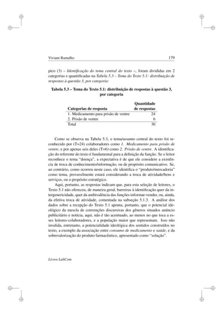 i
i
i
i
i
i
i
i
Viviane Ramalho 179
pico (3) – Identiﬁcação do tema central do texto –, foram divididas em 2
categorias e quantiﬁcadas na Tabela 5.3 – Tema do Texto 5.1: distribuição de
respostas à questão 3, por categoria:
Tabela 5.3 – Tema do Texto 5.1: distribuição de respostas à questão 3,
por categoria
Quantidade
Categorias de resposta de respostas
1. Medicamento para prisão de ventre 24
2. Prisão de ventre 6
Total 30
Como se observa na Tabela 5.3, o tema/assunto central do texto foi re-
conhecido por (T=24) colaboradores como 1. Medicamento para prisão de
ventre, e por apenas seis deles (T=6) como 2. Prisão de ventre. A identiﬁca-
ção do referente do texto é fundamental para a deﬁnição da função. Se o leitor
reconhece o tema “doença”, a expectativa é de que ele considere a existên-
cia de troca de conhecimento/informação, ou de propósito comunicativo. Se,
ao contrário, como ocorreu neste caso, ele identiﬁca o “produto/mercadoria”
como tema, provavelmente estará considerando a troca de atividade/bens e
serviços, ou o propósito estratégico.
Aqui, portanto, as respostas indicam que, para esta seleção de leitores, o
Texto 5.1 não ofereceu, de maneira geral, barreiras à identiﬁcação quer da in-
tergenericidade, quer da ambivalência das funções informar-vender, ou, ainda,
da efetiva troca de atividade, comentada na subseção 5.1.3. A análise dos
dados sobre a recepção do Texto 5.1 aponta, portanto, que o potencial ide-
ológico da mescla de convenções discursivas dos gêneros situados anúncio
publicitário e notícia, aqui, não é tão acentuado, ao menos no que toca a es-
ses leitores-colaboradores, e a população maior que representam. Isso não
invalida, entretanto, a potencialidade ideológica dos sentidos construídos no
texto, a exemplo da associação entre consumo de medicamento e saúde, e da
sobrevalorização do produto farmacêutico, apresentado como “solução”.
Livros LabCom
 