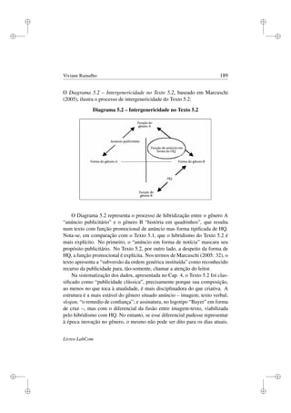 i
i
i
i
i
i
i
i
Viviane Ramalho 189
O Diagrama 5.2 – Intergenericidade no Texto 5.2, baseado em Marcuschi
(2005), ilustra o processo de intergenericidade do Texto 5.2:
Diagrama 5.2 – Intergenericidade no Texto 5.2
O Diagrama 5.2 representa o processo de hibridização entre o gênero A
“anúncio publicitário” e o gênero B “história em quadrinhos”, que resulta
num texto com função promocional de anúncio mas forma tipiﬁcada de HQ.
Nota-se, em comparação com o Texto 5.1, que o hibridismo do Texto 5.2 é
mais explícito. No primeiro, o “anúncio em forma de notícia” mascara seu
propósito publicitário. No Texto 5.2, por outro lado, a despeito da forma de
HQ, a função promocional é explícita. Nos termos de Marcuschi (2005: 32), o
texto apresenta a “subversão da ordem genérica instituída” como reconhecido
recurso da publicidade para, tão-somente, chamar a atenção do leitor.
Na sistematização dos dados, apresentada no Cap. 4, o Texto 5.2 foi clas-
siﬁcado como “publicidade clássica”, precisamente porque sua composição,
ao menos no que toca à atualidade, é mais disciplinadora do que criativa. A
estrutura é a mais estável do gênero situado anúncio – imagem; texto verbal;
slogan, “o remedio de conﬁança”; e assinatura, no logotipo “Bayer” em forma
de cruz –, mas com o diferencial da fusão entre imagem-texto, viabilizada
pelo hibridismo com HQ. No entanto, se esse diferencial pudesse representar
à época inovação no gênero, o mesmo não pode ser dito para os dias atuais.
Livros LabCom
 