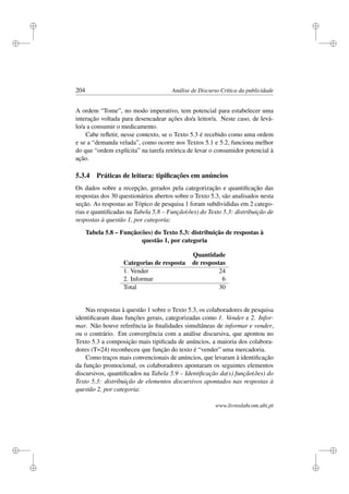 i
i
i
i
i
i
i
i
204 Análise de Discurso Crítica da publicidade
A ordem “Tome”, no modo imperativo, tem potencial para estabelecer uma
interação voltada para desencadear ações do/a leitor/a. Neste caso, de levá-
lo/a a consumir o medicamento.
Cabe reﬂetir, nesse contexto, se o Texto 5.3 é recebido como uma ordem
e se a “demanda velada”, como ocorre nos Textos 5.1 e 5.2, funciona melhor
do que “ordem explícita” na tarefa retórica de levar o consumidor potencial à
ação.
5.3.4 Práticas de leitura: tipiﬁcações em anúncios
Os dados sobre a recepção, gerados pela categorização e quantiﬁcação das
respostas dos 30 questionários abertos sobre o Texto 5.3, são analisados nesta
seção. As respostas ao Tópico de pesquisa 1 foram subdivididas em 2 catego-
rias e quantiﬁcadas na Tabela 5.8 – Função(ões) do Texto 5.3: distribuição de
respostas à questão 1, por categoria:
Tabela 5.8 – Função(ões) do Texto 5.3: distribuição de respostas à
questão 1, por categoria
Quantidade
Categorias de resposta de respostas
1. Vender 24
2. Informar 6
Total 30
Nas respostas à questão 1 sobre o Texto 5.3, os colaboradores de pesquisa
identiﬁcaram duas funções gerais, categorizadas como 1. Vender e 2. Infor-
mar. Não houve referência às ﬁnalidades simultâneas de informar e vender,
ou o contrário. Em convergência com a análise discursiva, que apontou no
Texto 5.3 a composição mais tipiﬁcada de anúncios, a maioria dos colabora-
dores (T=24) reconheceu que função do texto é “vender” uma mercadoria.
Como traços mais convencionais de anúncios, que levaram à identiﬁcação
da função promocional, os colaboradores apontaram os seguintes elementos
discursivos, quantiﬁcados na Tabela 5.9 – Identiﬁcação da(s) função(ões) do
Texto 5.3: distribuição de elementos discursivos apontados nas respostas à
questão 2, por categoria:
www.livroslabcom.ubi.pt
 