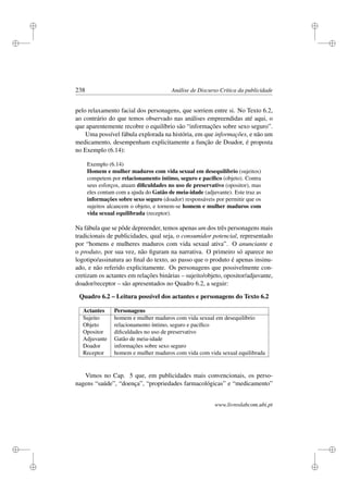i
i
i
i
i
i
i
i
238 Análise de Discurso Crítica da publicidade
pelo relaxamento facial dos personagens, que sorriem entre si. No Texto 6.2,
ao contrário do que temos observado nas análises empreendidas até aqui, o
que aparentemente recobre o equilíbrio são “informações sobre sexo seguro”.
Uma possível fábula explorada na história, em que informações, e não um
medicamento, desempenham explicitamente a função de Doador, é proposta
no Exemplo (6.14):
Exemplo (6.14)
Homem e mulher maduros com vida sexual em desequilíbrio (sujeitos)
competem por relacionamento íntimo, seguro e pacíﬁco (objeto). Contra
seus esforços, atuam diﬁculdades no uso de preservativo (opositor), mas
eles contam com a ajuda do Gatão de meia-idade (adjuvante). Este traz as
informações sobre sexo seguro (doador) responsáveis por permitir que os
sujeitos alcancem o objeto, e tornem-se homem e mulher maduros com
vida sexual equilibrada (receptor).
Na fábula que se pôde depreender, temos apenas um dos três personagens mais
tradicionais de publicidades, qual seja, o consumidor potencial, representado
por “homens e mulheres maduros com vida sexual ativa”. O anunciante e
o produto, por sua vez, não ﬁguram na narrativa. O primeiro só aparece no
logotipo/assinatura ao ﬁnal do texto, ao passo que o produto é apenas insinu-
ado, e não referido explicitamente. Os personagens que possivelmente con-
cretizam os actantes em relações binárias – sujeito/objeto, opositor/adjuvante,
doador/receptor – são apresentados no Quadro 6.2, a seguir:
Quadro 6.2 – Leitura possível dos actantes e personagens do Texto 6.2
Actantes Personagens
Sujeito homem e mulher maduros com vida sexual em desequilíbrio
Objeto relacionamento íntimo, seguro e pacíﬁco
Opositor diﬁculdades no uso de preservativo
Adjuvante Gatão de meia-idade
Doador informações sobre sexo seguro
Receptor homem e mulher maduros com vida com vida sexual equilibrada
Vimos no Cap. 5 que, em publicidades mais convencionais, os perso-
nagens “saúde”, “doença”, “propriedades farmacológicas” e “medicamento”
www.livroslabcom.ubi.pt
 