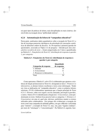 i
i
i
i
i
i
i
i
Viviane Ramalho 251
rar quais tipos de práticas de leitura, mais disciplinadas ou mais criativas, são
envolvidos na recepção dessa “publicidade indireta”.
6.2.4 Automatização da leitura de “campanhas educativas”
Nesta parte, analisamos dados quantitativos sobre a recepção do Texto 6.2, a
ﬁm de investigar potenciais ideológicos da articulação de convenções semió-
ticas de diferentes ordens de discurso. As 30 respostas à primeira questão do
questionário, associada ao Tópico (1) de pesquisa – Identiﬁcação da(s) fun-
ção(ões) social(is) do texto –, foram categorizadas em 3 itens e quantiﬁcadas
na Tabela 6.3 – Função(ões) do Texto 6.2: distribuição de respostas à questão
1, por categoria:
Tabela 6.3 – Função(ões) do Texto 6.2: distribuição de respostas à
questão 1, por categoria
Quantidade
Categorias de resposta de respostas
1. Orientar 18
2. Conscientizar 11
3. Promover (o laboratório) 1
Total 30
Como apresenta a Tabela 6.3, salvo (T=1) colaborador que apontou a exis-
tência de função promocional no Texto 6.2, designada no item 3. Promover (o
laboratório), os demais leitores receberam o texto como informação. Tendo
em vista as tipiﬁcações de “campanha educativa”, como os próprios leitores
referiram, (T=18) colaboradores apontaram que a função principal do Texto
6.2 é 1. Orientar, sobre sexo seguro, uso de camisinha, prevenção à gravidez,
e outros. Outros (T=11) identiﬁcaram a função de 2. Conscientizar, como pre-
dominante no texto. Embora fosse possível unir as categorias 1. Orientar e 2.
Conscientizar em uma só, qual seja, informar, preferimos manter os termos
utilizados pelos colaboradores. Isso porque eles evidenciam a recepção do
texto como uma campanha de utilidade pública, em que a HQ não é articulada
para “entreter”, a exemplo do Texto 5.2, mas, sim, para “regular condutas”,
por meio de “orientação” e “conscientização”. Na Tabela 6.4, seguinte, faze-
Livros LabCom
 