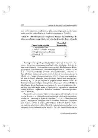 i
i
i
i
i
i
i
i
252 Análise de Discurso Crítica da publicidade
mos um levantamento dos elementos, referidos nas respostas à questão 2, nos
quais se apoiou a identiﬁcação da função predominante no Texto 6.2.
Tabela 6.4 – Identiﬁcação da(s) função(ões) do Texto 6.2: distribuição de
elementos discursivos apontados nas respostas à questão 2, por categoria
Quantidade
Categorias de resposta de respostas
1. Linguagem informal 12
2. Menção a condutas desejáveis 18
3. Função informativa/educativa 15
4. Forma de HQ 23
Total 68
Nas respostas à segunda questão, ligada ao Tópico (2) de pesquisa – Ele-
mentos discursivos relevantes para deﬁnição da(s) função(ões) do texto, fo-
ram mencionados 68 elementos discursivos, os quais distribuímos em 4 cate-
gorias gerais. Em consonância com as funções principais 1. Orientar (T=18)
e 2. Conscientizar (T=11), apontadas pelos colaboradores, conforme Ta-
bela 6.3, foram indicados elementos como 2. Menção a condutas desejáveis
(T=18) e 3. Função informativa/educativa (T=15). Como meio para alcan-
çar essa ﬁnalidade “educativa” os colaboradores identiﬁcaram a categoria 4.
Forma de HQ (T= 23) que, segundo os próprios leitores, permite tornar a in-
formação mais acessível pela utilização de 1. Linguagem informal (T=12). A
identiﬁcação dessas funções predominantes e dos respectivos elementos dis-
cursivos associados a elas levam os colaboradores a reconhecer como tema
central do texto a “importância do uso de camisinha”, conforme apresenta-
mos na Tabela 6.5.
Na questão 3, associada ao Tópico (3) de pesquisa – Identiﬁcação do tema
central do texto –, os colaboradores apontaram dois principais temas, catego-
rizados em 1. Importância do uso de camisinha (T=19) e 2. Educação sexual
(T=11). As respostas convergem com os resultados anteriores e conﬁrmam
que, para essa seleção de leitores, a hibridização do Texto 6.2 oferece barrei-
ras para uma leitura mais crítica. O texto é, majoritariamente, recebido como
campanha de condicionamento de atitudes. Decerto, a simples sugestão ao
www.livroslabcom.ubi.pt
 