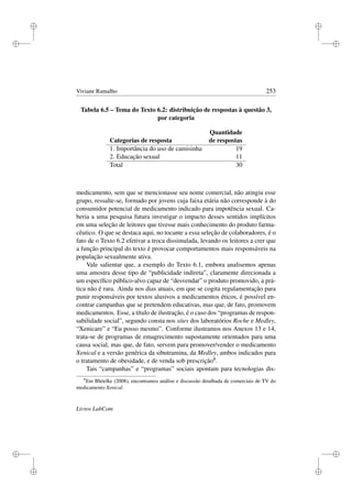 i
i
i
i
i
i
i
i
Viviane Ramalho 253
Tabela 6.5 – Tema do Texto 6.2: distribuição de respostas à questão 3,
por categoria
Quantidade
Categorias de resposta de respostas
1. Importância do uso de camisinha 19
2. Educação sexual 11
Total 30
medicamento, sem que se mencionasse seu nome comercial, não atingiu esse
grupo, ressalte-se, formado por jovens cuja faixa etária não corresponde à do
consumidor potencial de medicamento indicado para impotência sexual. Ca-
beria a uma pesquisa futura investigar o impacto desses sentidos implícitos
em uma seleção de leitores que tivesse mais conhecimento do produto farma-
cêutico. O que se destaca aqui, no tocante a essa seleção de colaboradores, é o
fato de o Texto 6.2 efetivar a troca dissimulada, levando os leitores a crer que
a função principal do texto é provocar comportamentos mais responsáveis na
população sexualmente ativa.
Vale salientar que, a exemplo do Texto 6.1, embora analisemos apenas
uma amostra desse tipo de “publicidade indireta”, claramente direcionada a
um especíﬁco público-alvo capaz de “desvendar” o produto promovido, a prá-
tica não é rara. Ainda nos dias atuais, em que se cogita regulamentação para
punir responsáveis por textos alusivos a medicamentos éticos, é possível en-
contrar campanhas que se pretendem educativas, mas que, de fato, promovem
medicamentos. Esse, a título de ilustração, é o caso dos “programas de respon-
sabilidade social”, segundo consta nos sites dos laboratórios Roche e Medley,
“Xenicare” e “Eu posso mesmo”. Conforme ilustramos nos Anexos 13 e 14,
trata-se de programas de emagrecimento supostamente orientados para uma
causa social, mas que, de fato, servem para promover/vender o medicamento
Xenical e a versão genérica da sibutramina, da Medley, ambos indicados para
o tratamento de obesidade, e de venda sob prescrição8.
Tais “campanhas” e “programas” sociais apontam para tecnologias dis-
8
Em Bhöelke (2008), encontramos análise e discussão detalhada de comerciais de TV do
medicamento Xenical.
Livros LabCom
 