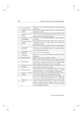 i
i
i
i
i
i
i
i
378 Análise de Discurso Crítica da publicidade
10. Cianocobalamina
Não use X se você tem hipersensibilidade a algum componente
da fórmula.
11.
Cloridrato de am-
broxol
Não use X em crianças menores de dois anos de idade. Não use
X durante a gravidez.
12.
Cloridrato de feni-
lefrina
Não use X se você tem doença do coração ou da tireóide. Não
use X se você tem má circulação do sangue, pressão alta ou
glaucoma. Não use X durante a gravidez.
13.
Clotrimazol Uso
dermatológico
Não use X se você tem hipersensibilidade a algum componente
da fórmula.
14.
Coaltar Uso derma-
tológico
Evite contato de X com os olhos. Não use X se a pele estiver
com feridas ou infecções ou queimaduras. Evite exposição ao
sol depois de usar X.
15.
Colecalciferol (vi-
tamina D)
Não use X em crianças e durante a gravidez ou amamentação.
Não use X se você tem doenças dos rins ou do coração. Não use
dose acima da recomendada na bula e por tempo prolongado
sem acompanhamento médico.
16.
Dexpantenol (vita-
mina B5)
Não use X se você tem hemoﬁlia.
17. Dimeticona
Não use X se você tem hipersensibilidade a algum componente
da fórmula
18. Dipirona sódica Não use X em crianças e durante a gravidez.
19. Dropropizina
Não use X para tosse que tenha muco ou secreção respiratória
Não use X se você tem asma ou doença grave da função dos pul-
mões. Não use X durante gravidez ou se estiver amamentando.
Não use X em crianças menores de dois anos de idade.
20.
Enxofre Uso der-
matológico
Evite contato de X com os olhos, a boca e os genitais. Não use
em criança menor de dois anos de idade.
21. Fluoreto de sódio
Não use dose acima da recomendada na bula e evite uso por
tempo prolongado e sem acompanhamento médico. Consulte
médico antes de usar se estiver grávida ou amamentando.
22.
Fosfato de cálcio
dibásico
Não use dose acima da que está indicada na bula e evite uso
por tempo prolongado e sem acompanhamento médico.
23.
Hidróxido de alu-
mínio
Não use X em crianças menores de seis anos de idade. Não
use X se você tem redução da função dos rins. X pode alte-
rar o efeito de outros medicamentos usados no mesmo período.
Procure orientação do farmacêutico se você já usa outro medi-
camento. X pode ocasionar constipação. Não use dose acima
da que está indicada na bula e evite uso por tempo prolongado
sem acompanhamento médico.
www.livroslabcom.ubi.pt
 