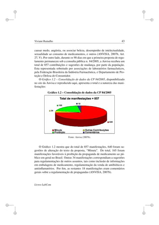 i
i
i
i
i
i
i
i
Viviane Ramalho 43
causar medo, angústia, ou associar beleza, desempenho de intelectualidade,
sexualidade ao consumo de medicamentos, e outros (ANVISA, 2007b, Art.
27, V). Por outro lado, durante os 90 dias em que a primeira proposta de regu-
lamento permaneceu sob a consulta pública n. 84/2005, a Anvisa recebeu um
total de 857 contribuições e sugestões de mudança, por parte da população.
Esta representada sobretudo por associações de laboratórios farmacêuticos,
pela Federação Brasileira da Indústria Farmacêutica, e Departamento de Pro-
teção e Defesa do Consumidor.
O Gráﬁco 1.2 – Consolidação de dados da CP 84/2005, disponibilizado
no site da Anvisa e reproduzido aqui, apresenta o total e a natureza das mani-
festações:
Gráﬁco 1.2 – Consolidação de dados da CP 84/2005
Fonte: Anvisa (2007b).
O Gráﬁco 1.2 mostra que do total de 857 manifestações, 640 foram su-
gestões de alteração do texto da proposta, “Minuta”. Do total, 165 foram
manifestações favoráveis à proibição da propaganda de medicamento ao pú-
blico em geral no Brasil. Outras 34 manifestações correspondiam a sugestões
para regulamentações de outros assuntos, tais como inclusão de informações
em embalagens de medicamento, regulamentação da venda de antibióticos e
antiinﬂamatórios. Por ﬁm, as restantes 18 manifestações eram comentários
gerais sobre a regulamentação de propagandas (ANVISA, 2007b).
Livros LabCom
 