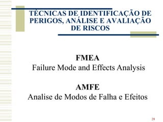 28
TÉCNICAS DE IDENTIFICAÇÃO DE
PERIGOS, ANÁLISE E AVALIAÇÃO
DE RISCOS
FMEA
Failure Mode and Effects Analysis
AMFE
Analise de Modos de Falha e Efeitos
 