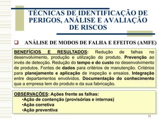 31
TÉCNICAS DE IDENTIFICAÇÃO DE
PERIGOS, ANÁLISE E AVALIAÇÃO
DE RISCOS
 ANÁLISE DE MODOS DE FALHA E EFEITOS (AMFE)
BENEFÍCIOS E RESULTADOS: Redução de falhas no
desenvolvimento, produção e utilização do produto. Prevenção ao
invés de detecção. Redução do tempo e do custo no desenvolvimento
de produtos. Fontes de dados para critérios de manutenção. Critérios
para planejamento e aplicação de inspeção e ensaios. Integração
entre departamentos envolvidos. Documentação do conhecimento
que a empresa tem do produto e da sua fabricação.
OBSERVAÇÕES: Ações frente as falhas:
•Ação de contenção (provisórias e internas)
•Ação corretiva
•Ação preventiva
 