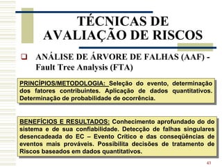 43
TÉCNICAS DE
AVALIAÇÃO DE RISCOS
 ANÁLISE DE ÁRVORE DE FALHAS (AAF) -
Fault Tree Analysis (FTA)
PRINCÍPIOS/METODOLOGIA: Seleção do evento, determinação
dos fatores contribuintes. Aplicação de dados quantitativos.
Determinação de probabilidade de ocorrência.
BENEFÍCIOS E RESULTADOS: Conhecimento aprofundado do do
sistema e de sua confiabilidade. Detecção de falhas singulares
desencadeada do EC – Evento Crítico e das conseqüências de
eventos mais prováveis. Possibilita decisões de tratamento de
Riscos baseados em dados quantitativos.
 