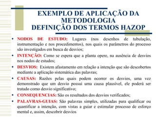  NODOS DE ESTUDO: Lugares (nos desenhos de tubulação,
instrumentação e nos procedimentos), nos quais os parâmetros do processo
são investigados em busca de desvios;
 INTENÇÃO: Como se espera que a planta opere, na ausência de desvios
nos nodos de estudos;
 DESVIOS: Existem afastamento em relação a intenção que são descobertos
mediante a aplicação sistemática das palavras;
 CAUSAS: Razões pelas quais podem ocorrer os desvios, uma vez
demonstrado que um desvio possui uma causa plausível, ele poderá ser
tratado como desvio significativo;
 CONSEQUENCIAS: São os resultados dos desvios verificados;
 PALAVRAS-GUIAS: São palavras simples, utilizadas para qualificar ou
quantificar a intenção, com vistas a guiar e estimular processo de esforço
mental e, assim, descobrir desvios
EXEMPLO DE APLICAÇÃO DA
METODOLOGIA
DEFINIÇÃO DOS TERMOS HAZOP
 
