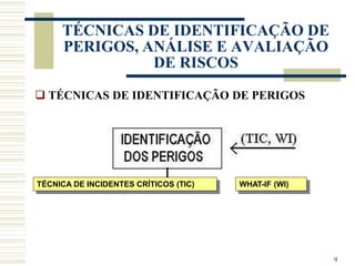 9
TÉCNICAS DE IDENTIFICAÇÃO DE
PERIGOS, ANÁLISE E AVALIAÇÃO
DE RISCOS
 TÉCNICAS DE IDENTIFICAÇÃO DE PERIGOS
TÉCNICA DE INCIDENTES CRÍTICOS (TIC) WHAT-IF (WI)
 