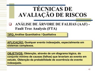 42
TÉCNICAS DE
AVALIAÇÃO DE RISCOS
 ANÁLISE DE ÁRVORE DE FALHAS (AAF) -
Fault Tree Analysis (FTA)
TIPO: Análise Quantitativa / Qualitativa
APLICAÇÃO: Qualquer evento indesejado, especialmente em
sistemas complexos.
OBJETIVOS: Obtenção, através de um diagrama lógico, do
conjunto mínimo de causas (falhas) que levariam ao evento em
estudo. Obtenção da probabilidade de ocorrência do evento
indesejado.
 