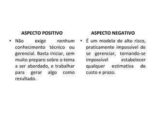 ASPECTO POSITIVO ASPECTO NEGATIVO
• Não exige nenhum
conhecimento técnico ou
gerencial. Basta iniciar, sem
muito preparo sobre o tema
a ser abordado, e trabalhar
para gerar algo como
resultado.
• É um modelo de alto risco,
praticamente impossível de
se gerenciar, tornando-se
impossível estabelecer
qualquer estimativa de
custo e prazo.
 