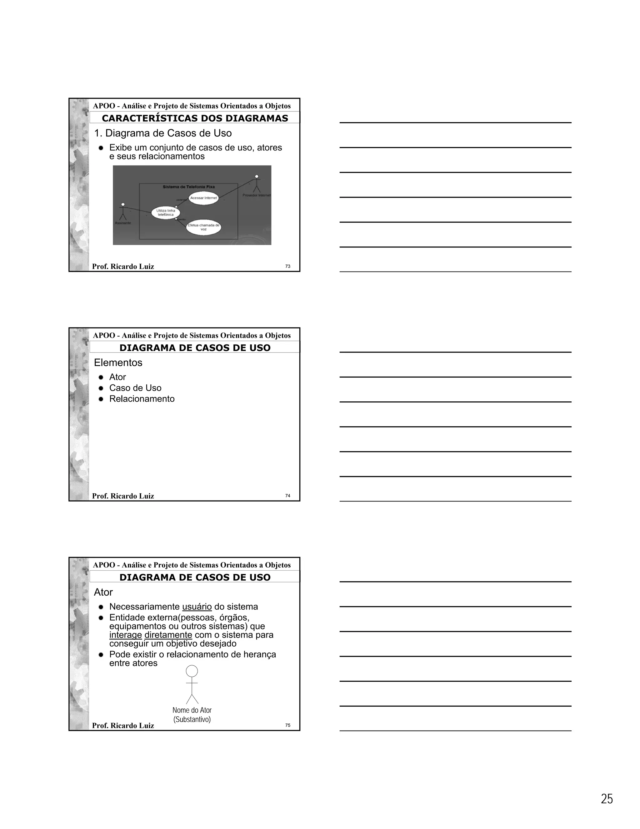 APOO - Análise e Projeto de Sistemas Orientados a Objetos
  CARACTERÍSTICAS DOS DIAGRAMAS
1. Diagrama de Casos de Uso
     Exibe um conjunto de casos de uso, atores
     e seus relacionamentos




Prof. Ricardo Luiz                                     73




APOO - Análise e Projeto de Sistemas Orientados a Objetos
       DIAGRAMA DE CASOS DE USO
Elementos
     Ator
     Caso de Uso
     Relacionamento




Prof. Ricardo Luiz                                     74




APOO - Análise e Projeto de Sistemas Orientados a Objetos
       DIAGRAMA DE CASOS DE USO
Ator
     Necessariamente usuário do sistema
     Entidade externa(pessoas, órgãos,
     equipamentos ou outros sistemas) que
     interage diretamente com o sistema para
     conseguir um objetivo desejado
     Pode existir o relacionamento de herança
     entre atores




                      Nome do Ator
                      (Substantivo)
Prof. Ricardo Luiz                                     75




                                                            25
 