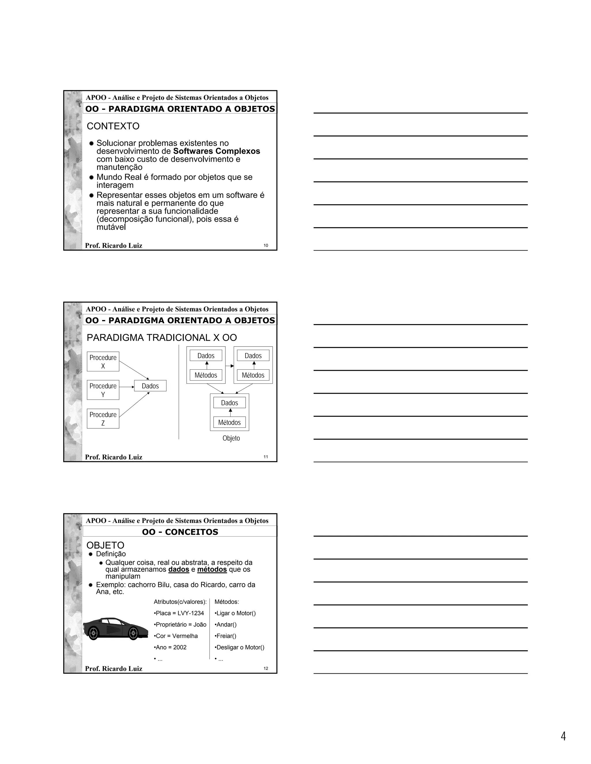 APOO - Análise e Projeto de Sistemas Orientados a Objetos
OO - PARADIGMA ORIENTADO A OBJETOS

CONTEXTO
   Solucionar problemas existentes no
   desenvolvimento de Softwares Complexos
   com baixo custo de desenvolvimento e
   manutenção
   Mundo Real é formado por objetos que se
   interagem
   Representar esses objetos em um software é
   mais natural e permanente do que
   representar a sua funcionalidade
   (decomposição funcional), pois essa é
   mutável

Prof. Ricardo Luiz                                                 10




APOO - Análise e Projeto de Sistemas Orientados a Objetos
OO - PARADIGMA ORIENTADO A OBJETOS

PARADIGMA TRADICIONAL X OO

 Procedure                            Dados                Dados
     X
                                     Métodos               Métodos
 Procedure       Dados
     Y
                                                 Dados
 Procedure
     Z                                          Métodos

                                                  Objeto

Prof. Ricardo Luiz                                                 11




APOO - Análise e Projeto de Sistemas Orientados a Objetos
                 OO - CONCEITOS
OBJETO
   Definição
     Qualquer coisa, real ou abstrata, a respeito da
     qual armazenamos dados e métodos que os
     manipulam
   Exemplo: cachorro Bilu, casa do Ricardo, carro da
   Ana, etc.
                     Atributos(c/valores):    Métodos:
                     •Placa = LVY-1234        •Ligar o Motor()
                     •Proprietário = João     •Andar()
                     •Cor = Vermelha          •Freiar()
                     •Ano = 2002              •Desligar o Motor()
                     • ...                    • ...
Prof. Ricardo Luiz                                                 12




                                                                        4
 