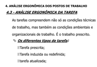  Os diferentes tipos de tarefa:
Tarefa prescrita;
Tarefa induzida ou redefinida;
tarefa atualizada;
As tarefas compreendem não só as condições técnicas
de trabalho, mas também as condições ambientais e
organizacionais de trabalho. É o trabalho prescrito.
4.3 - ANÁLISE ERGONÔMICA DA TAREFA
4. ANÁLISE ERGONÔMICA DOS POSTOS DE TRABALHO
 