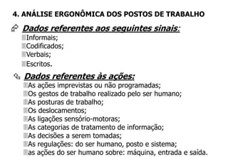  Dados referentes aos seguintes sinais:
Informais;
Codificados;
Verbais;
Escritos.
 Dados referentes às ações:
As ações imprevistas ou não programadas;
Os gestos de trabalho realizado pelo ser humano;
As posturas de trabalho;
Os deslocamentos;
As ligações sensório-motoras;
As categorias de tratamento de informação;
As decisões a serem tomadas;
As regulações: do ser humano, posto e sistema;
as ações do ser humano sobre: máquina, entrada e saída.
4. ANÁLISE ERGONÔMICA DOS POSTOS DE TRABALHO
 