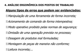 Alguns tipos de erros que podem ser evidenciados:
Manipulação de uma ferramenta de forma incorreta;
Acionamento de comando de forma intempestiva;
Modo operativo proibido pelas normas de segurança;
Omissão de uma operação prevista no processo;
Dosagem de produtos mal formuladas;
Montagem de peças de maneira não conforme;
Leitura incorreta;...
4. ANÁLISE ERGONÔMICA DOS POSTOS DE TRABALHO
 
