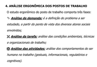 O estudo ergonômico do posto de trabalho comporta três fases:
 Análise da demanda: é a definição do problema a ser
estudado, a partir do ponto de vista dos diversos atores sociais
envolvidos;
 Análise da tarefa: análise das condições ambientais, técnicas
e organizacionais de trabalho;
 Análise das atividades: análise dos comportamentos do ser
humano no trabalho (gestuais, informacionais, regulatórios e
cognitivos).
4. ANÁLISE ERGONÔMICA DOS POSTOS DE TRABALHO
 