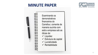 11
MINUTE PAPER
Examinando os
demonstrativos
financeiros do
Carrefour, comente de
maneira sucinta com
está a empresa sob as
óticas de:
✓ Liquidez
✓ Estrutura de capital
✓ Lucratividade
✓ Rentabilidade
 