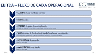 May-23 46
EBITDA – FLUXO DE CAIXA OPERACIONAL
E
• EARNINGS: lucro líquido do exercício
B
• BEFORE: antes
I
• INTEREST: despesas financeiras líquidas
• Exclusão das despesas financeiras permite análise de desempenho operacional
T
• TAXES: Imposto de Renda e Contribuição Social sobre Lucro Líquido
• Evitar distorções de análises de empresas instaladas em países com diferentes tributações
D
• DEPRECIATION: depreciação
• Não tem efeito caixa
A
• AMORTIZATION: amortização
• Não tem efeito caixa
 