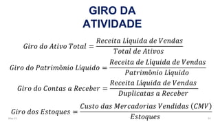 May-23 53
GIRO DA
ATIVIDADE
𝐺𝑖𝑟𝑜 𝑑𝑜 𝐴𝑡𝑖𝑣𝑜 𝑇𝑜𝑡𝑎𝑙 =
𝑅𝑒𝑐𝑒𝑖𝑡𝑎 𝐿í𝑞𝑢𝑖𝑑𝑎 𝑑𝑒 𝑉𝑒𝑛𝑑𝑎𝑠
𝑇𝑜𝑡𝑎𝑙 𝑑𝑒 𝐴𝑡𝑖𝑣𝑜𝑠
𝐺𝑖𝑟𝑜 𝑑𝑜 𝐶𝑜𝑛𝑡𝑎𝑠 𝑎 𝑅𝑒𝑐𝑒𝑏𝑒𝑟 =
𝑅𝑒𝑐𝑒𝑖𝑡𝑎 𝐿í𝑞𝑢𝑖𝑑𝑎 𝑑𝑒 𝑉𝑒𝑛𝑑𝑎𝑠
𝐷𝑢𝑝𝑙𝑖𝑐𝑎𝑡𝑎𝑠 𝑎 𝑅𝑒𝑐𝑒𝑏𝑒𝑟
𝐺𝑖𝑟𝑜 𝑑𝑜𝑠 𝐸𝑠𝑡𝑜𝑞𝑢𝑒𝑠 =
𝐶𝑢𝑠𝑡𝑜 𝑑𝑎𝑠 𝑀𝑒𝑟𝑐𝑎𝑑𝑜𝑟𝑖𝑎𝑠 𝑉𝑒𝑛𝑑𝑖𝑑𝑎𝑠 𝐶𝑀𝑉
𝐸𝑠𝑡𝑜𝑞𝑢𝑒𝑠
𝐺𝑖𝑟𝑜 𝑑𝑜 𝑃𝑎𝑡𝑟𝑖𝑚ô𝑛𝑖𝑜 𝐿í𝑞𝑢𝑖𝑑𝑜 =
𝑅𝑒𝑐𝑒𝑖𝑡𝑎 𝑑𝑒 𝐿í𝑞𝑢𝑖𝑑𝑎 𝑑𝑒 𝑉𝑒𝑛𝑑𝑎𝑠
𝑃𝑎𝑡𝑟𝑖𝑚ô𝑛𝑖𝑜 𝐿í𝑞𝑢𝑖𝑑𝑜
 