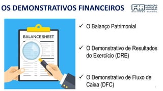 7
✓ O Balanço Patrimonial
✓ O Demonstrativo de Resultados
do Exercício (DRE)
✓ O Demonstrativo de Fluxo de
Caixa (DFC)
OS DEMONSTRATIVOS FINANCEIROS
 