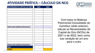 May-23 83
ATIVIDADE PRÁTICA – CÁLCULO DA NCG
Com base no Balanço
Patrimonial Consolidado do
Carrefour (slide anterior),
calcule as Necessidades de
Capital de Giro (NCGs) de
2021 e de 2022, bem como
sua variação de um ano
para o outro
NECESSIDADE DE CAPITAL DE GIRO 2021 2022
TOTAL DAS CONTAS CÍCLICAS AC
TOTAL DAS CONTAS CÍCLICAS PC
NCG
∆ NCG
 