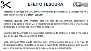 May-23 89
EFEITO TESOURA
Portanto, a variação do CDG deve ser suficiente para financiar a variação da NCG
para não ocasionar o EFEITO TESOURA
Portanto, quando uma empresa está em fase de crescimento, geralmente o
consumo de caixa é maior. Daí a importância do reinvestimento de lucros e a não
distribuição de dividendos nesta fase da empresa.
Quando não há geração de caixa neste momento da empresa, a recomendação é
que se busque recursos de longo prazo.
Mas, atenção! Mais dívida significa mais comprometimento com o serviço da
dívida (juros). Daí a importância de que o custo deste capital adicional seja inferior
ao retorno do investimento em giro necessário para o crescimento.
 