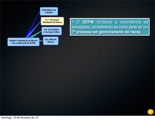 • O SDPM fortalece a importância de
                                 simulações, considerando-as como parte de um
                                 7º processo em gerenciamento de riscos.




                                                                                18
domingo, 10 de fevereiro de 13
 