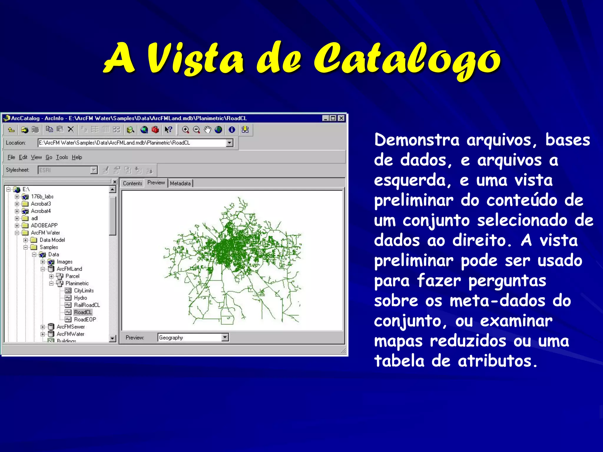 A Vista de Catalogo
            Demonstra arquivos, bases
            de dados, e arquivos a
            esquerda, e uma vista
            preliminar do conteúdo de
            um conjunto selecionado de
            dados ao direito. A vista
            preliminar pode ser usado
            para fazer perguntas
            sobre os meta-dados do
            conjunto, ou examinar
            mapas reduzidos ou uma
            tabela de atributos.
 