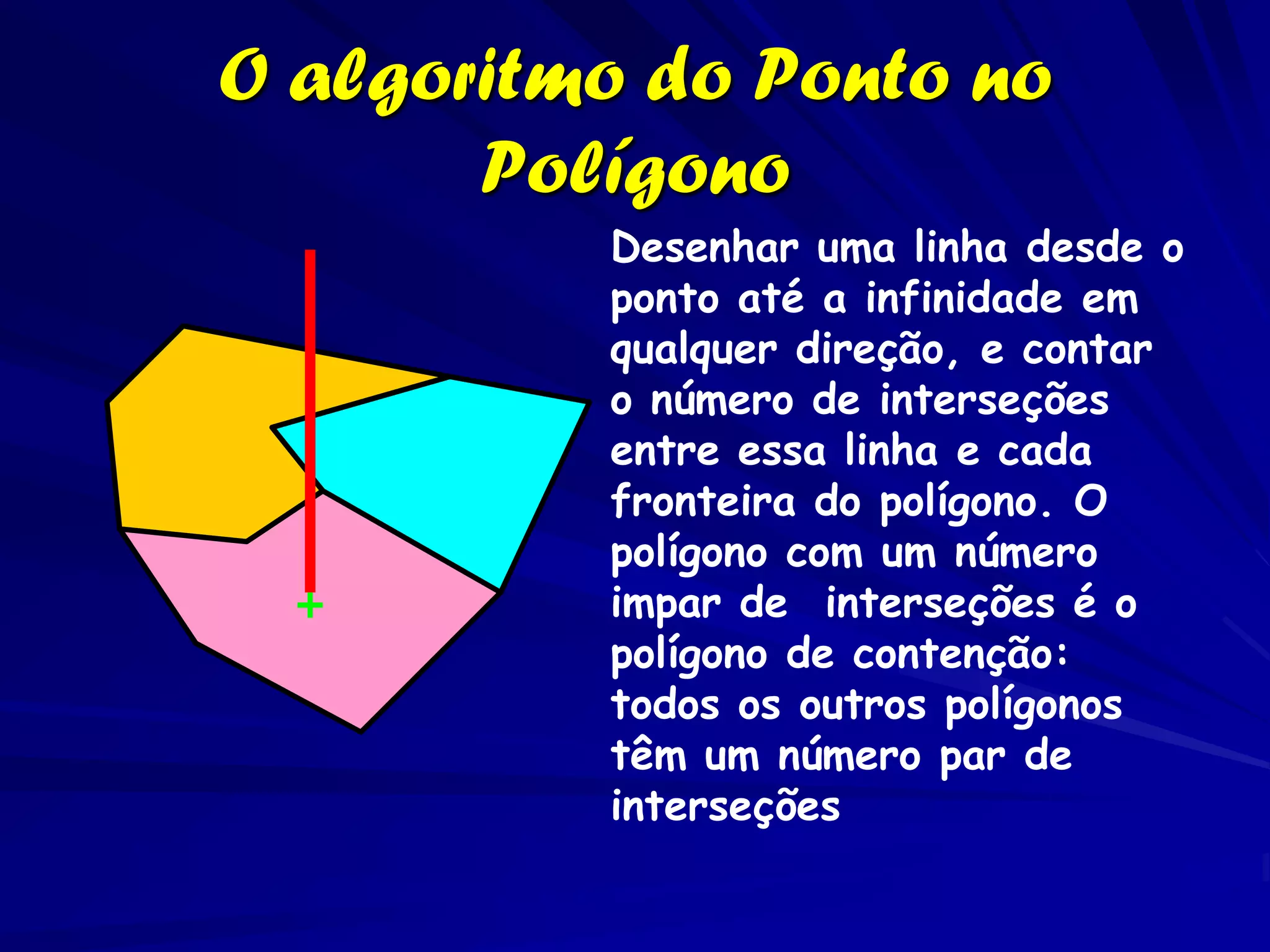 O algoritmo do Ponto no
       Polígono
          Desenhar uma linha desde o
          ponto até a infinidade em
          qualquer direção, e contar
          o número de interseções
          entre essa linha e cada
          fronteira do polígono. O
          polígono com um número
          impar de interseções é o
          polígono de contenção:
          todos os outros polígonos
          têm um número par de
          interseções
 