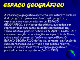 ESPAÇO GEOGRÁFICO
A informação geográfica apresenta uma natureza dual: um
dado geográfico possui uma localização geográfica,
expressa como coordenadas em um ESPAÇO
GEOGRÁFICO, e atributos descritivos, que podem ser
representados num banco de dados convencional. De
forma intuitiva, pode-se definir o ESPAÇO GEOGRÁFICO
como uma coleção de localizações na superfície da Terra,
sobre a qual ocorrem os fenômenos geográficos. O
ESPAÇO GEOGRÁFICO define-se, portanto, em função de
suas coordenadas, sua altitude e sua posição relativa.
Sendo um espaço localizável, o espaço geográfico é
possível de ser cartografado (Dolfus, 1991).
 