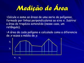Medição de Área
•Calcule e some as áreas de uma serie de polígonos,
formado por linhas perpendiculares ao eixo x. Subtrai
a área do trapézio estendido (nesse caso, um
retângulo).
•A área de cada polígono e calculado como a diferencia
de x vezes a média de y.
  y2


  y1



       x1   x2
 