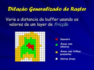 Dilação Generalizado de Raster
Varie a distancia do buffer usando os
 valores de um layer de fricção


                           Sauveiro

                           Áreas com
                           olheiros
                           Áreas com trilhas
                           presentes

                           Outras áreas
 
