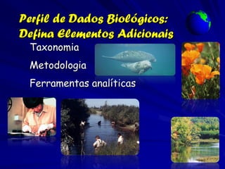 Perfil de Dados Biológicos:
Defina Elementos Adicionais
 Taxonomia
 Metodologia
 Ferramentas analíticas
 